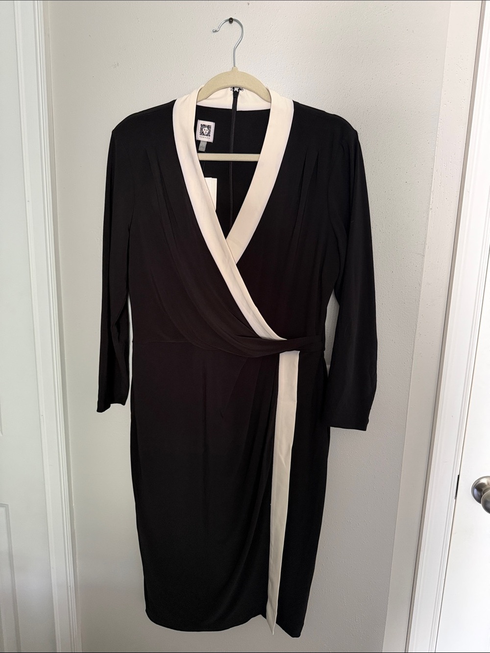 Anne Klein Black Wrap Dress with Cream Trim